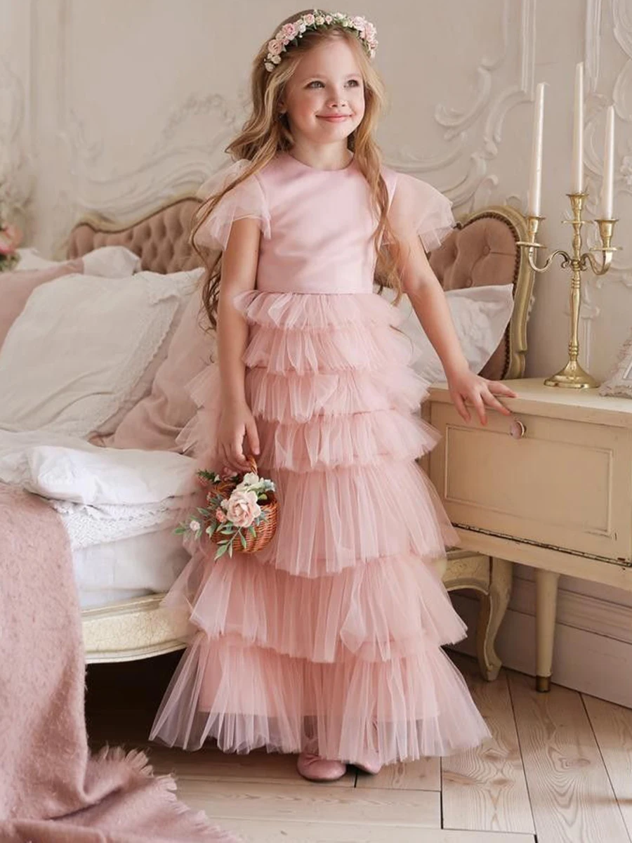 

Layered Puffy Tulle Flower Girl Dress For Wedding Pink Sleeveless A-Line Princess Beach Party Kids Birthday Dresses Ball Gowns