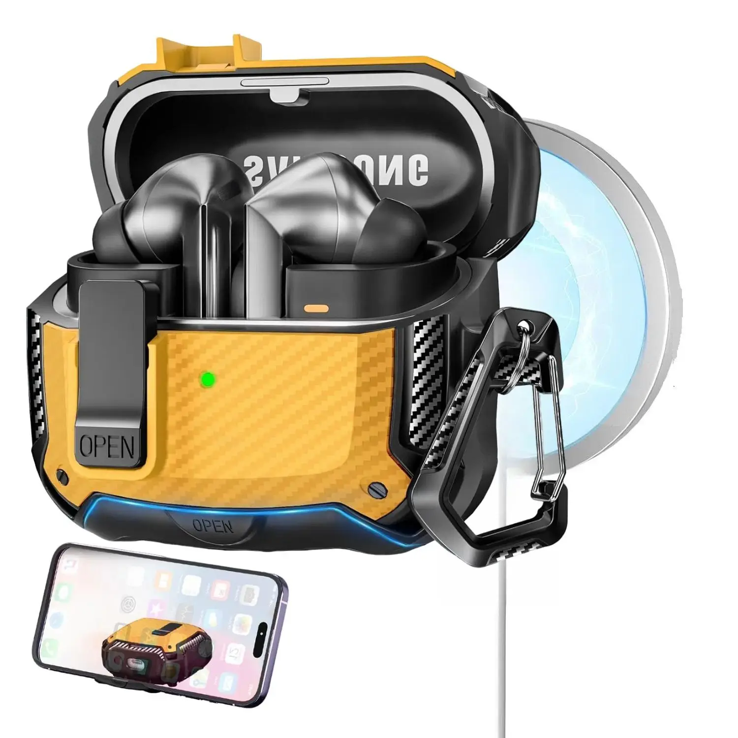 Samsung Galaxy Buds 3 & Buds 3 Pro用 セキュアロックケース（スマホスタンド付き）、MagSafe対応落下防止カバー