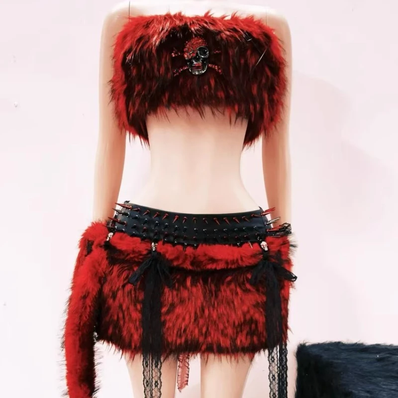 Original Design Red Furry Sweet Cool Short Women's Vest Gothic Style Music Festival Performance Rivet Y2K Sexy Skirt Set Ladies
