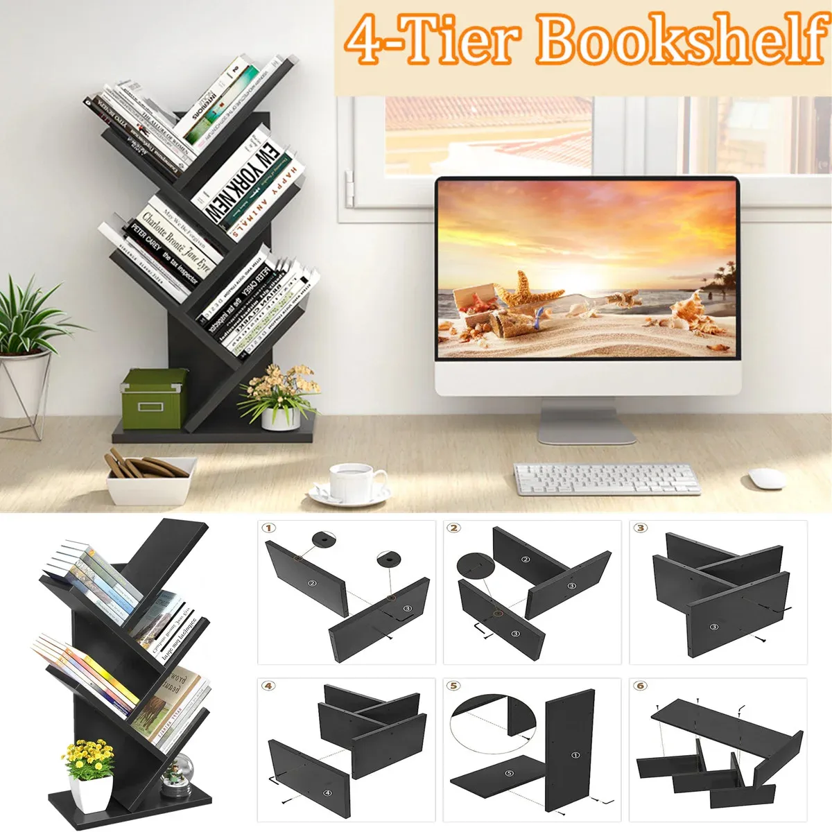 4-Tier Tree Bookshelf,Book Storage Organizer Shelves Floor Standing Bookcase,Home School Bookshelf Display for Cd/Magazine/Books