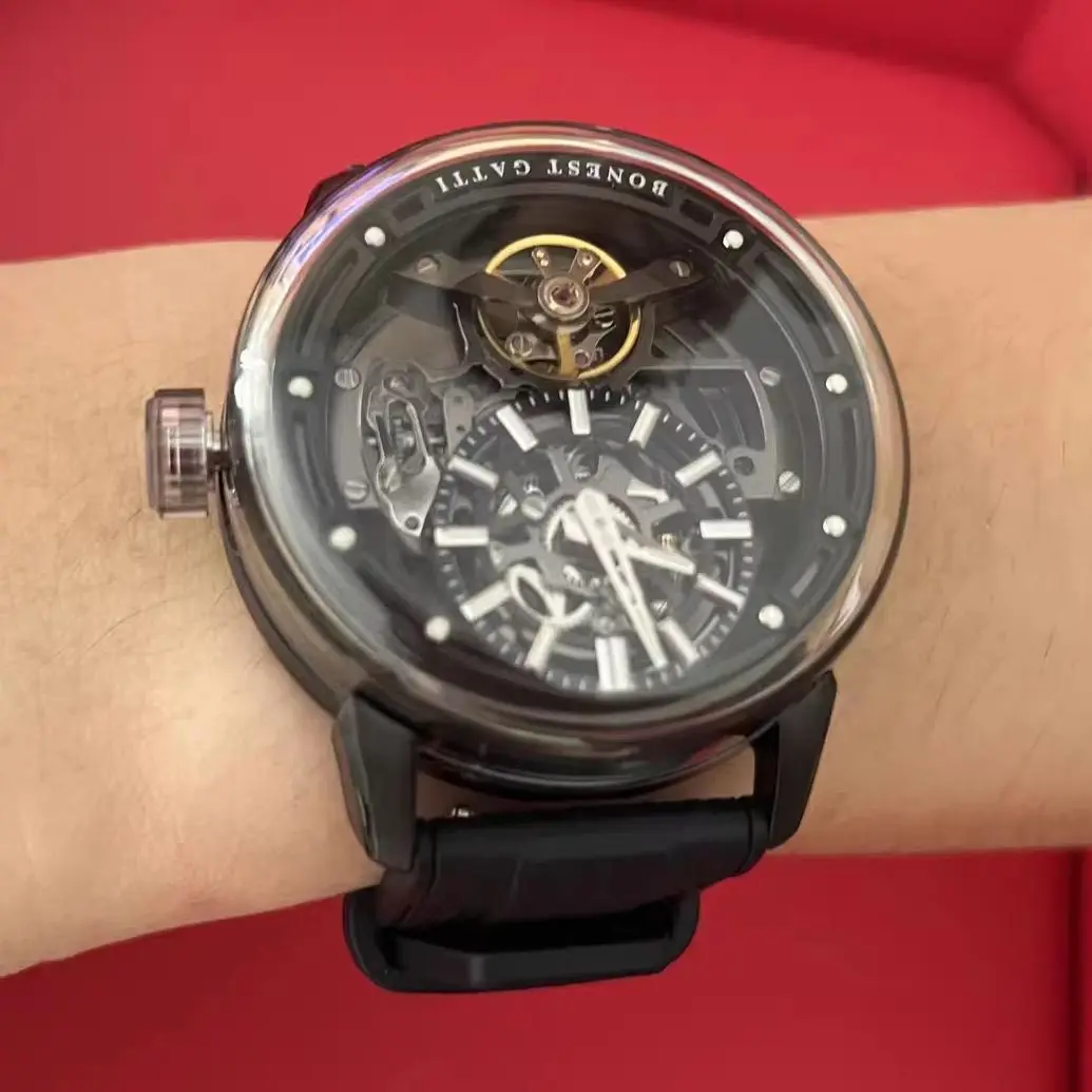BONEST GATTI Men Automatic Watch Mechanical Wristwatch Luminous Sapphire Mirror 50m Waterproof Skeleton Dial Quick Release Strap