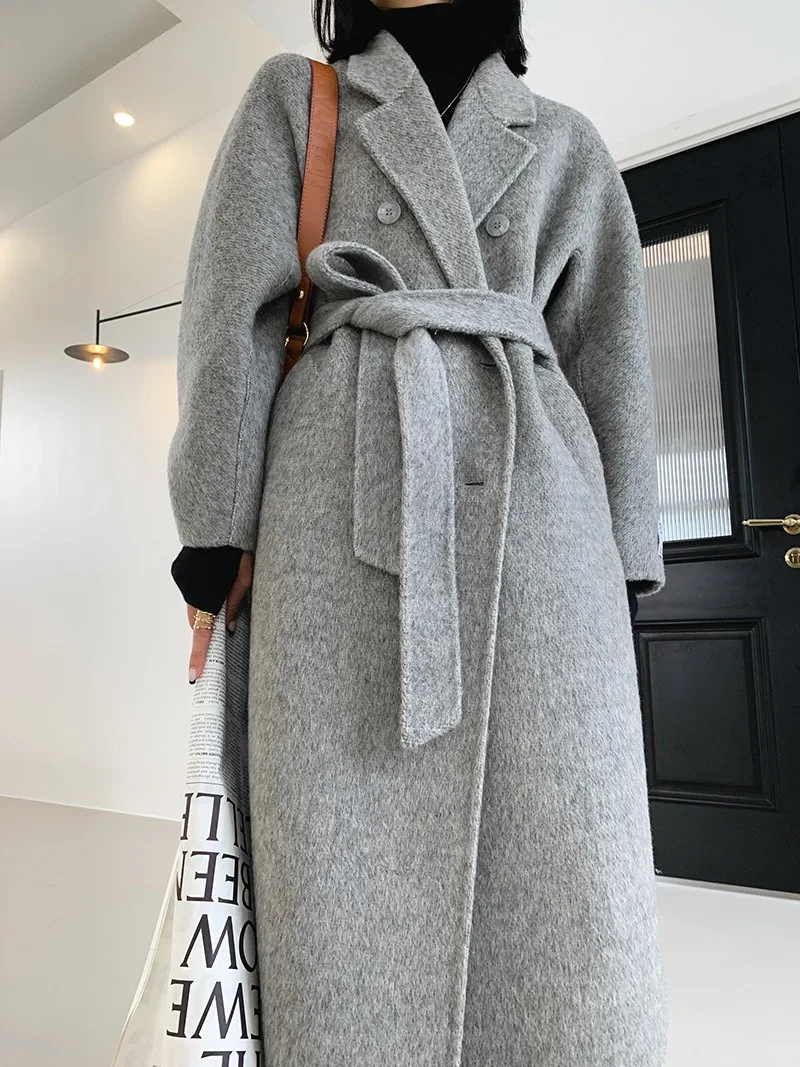 Double-sided Cashmere Coat Long Thicken Warm Belt Double-breasted Loose Long Wool Coat Lady Outwear