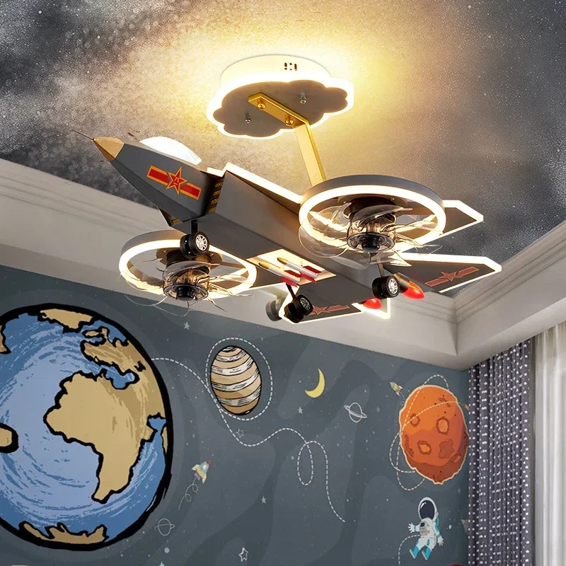 

Children's Room Ceiling Light Boy Creative Fighter J-20 Model Cartoon Bedroom Room Eye Protection Aircraft Fan Light