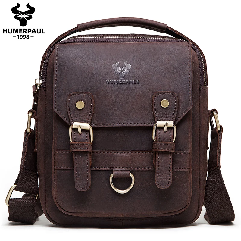 HUMERPAUL Genuine Leather Men Shoulder Messenger Bag Vintage Male Crossbody Bags Top Quality Satchel Sling Travel Pack for Ipad