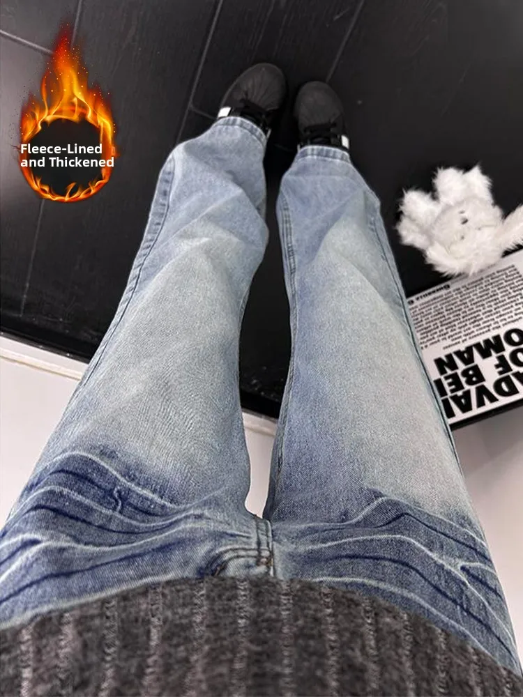 

Blue Fce Lined Men's Jeans mid Waist Straight Leg Retro Sle Water Waed Lightning Pattern Slim Fit American Vibe Winter...