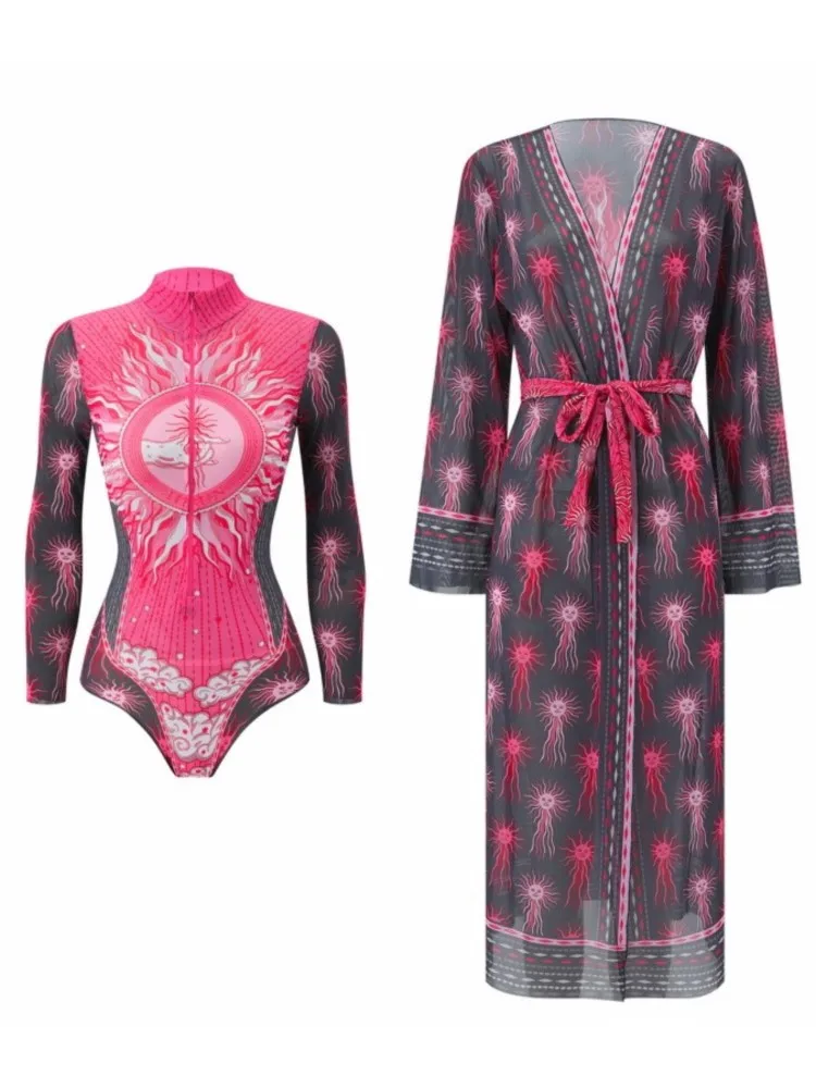 Retro Bikini Printed Fashion Two Piece Swimsuit And Cover Up With Kimono Tight Women's Bandage Summer Beach Luxury Elegant