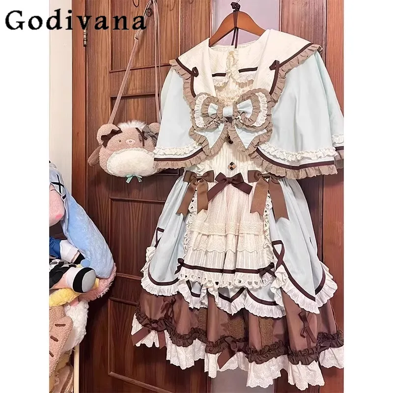 

Chocolate Lolita Dress JSK Cloak Set Women's Cute Sweet Lolita Princess Short Dress Suits Female Japanese Style Dress Outfits