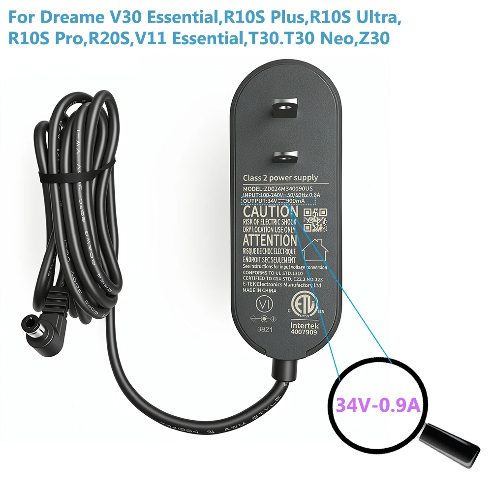 34V Replacement Charger for Dreame V30 Essential,Dreame R20,Dreame T30,Dreame Z30 Power Cable ZD024m340090us Power Supply Adapte