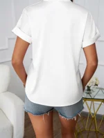 Chemisier simple à col en V de style européen pour femme - Chemise professionnelle amincissante à manches courtes et coupe ample pour l'été 2