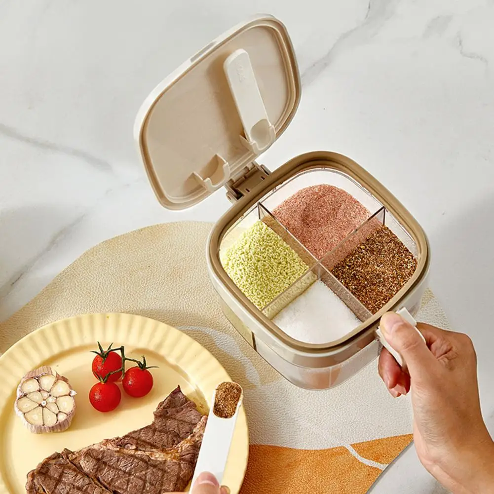 

Multi-Compartment Spice Organizer with Spoon Clear Lid Stackable Seasoning Container for Salt Sugar Pepper Spice Box