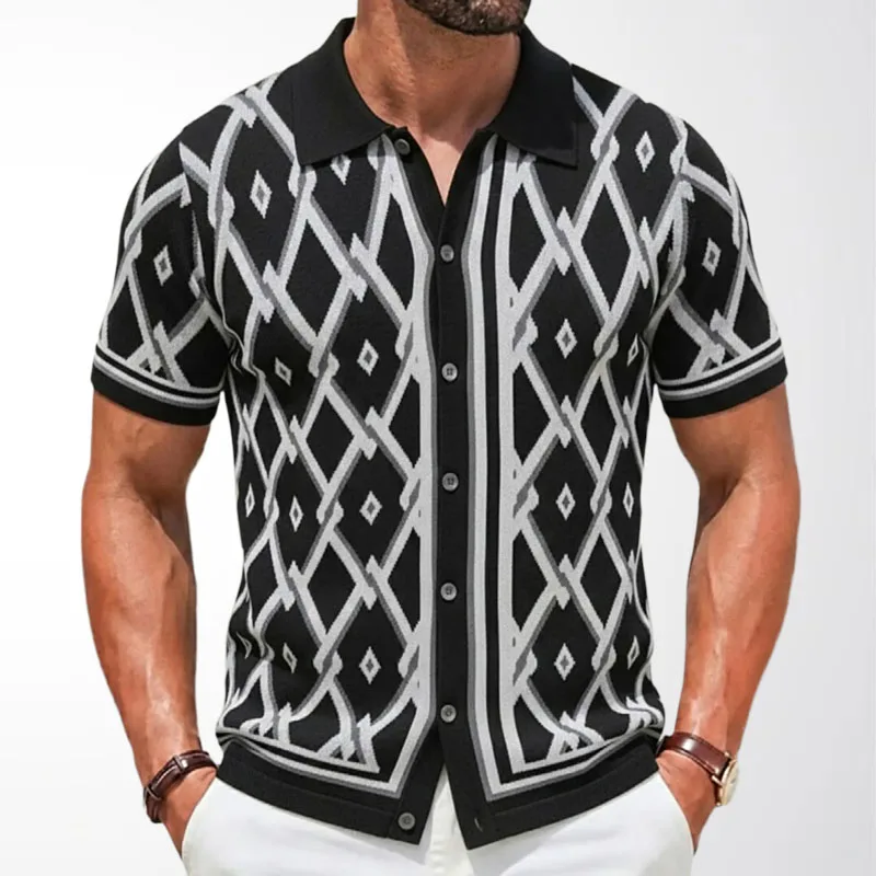 Summer Men Clothes Knitted Cardigan Polo Shirts Geometric Jacquarded Short Sleeve T-shirt Single Breasted Lapel Male Tops SY0033