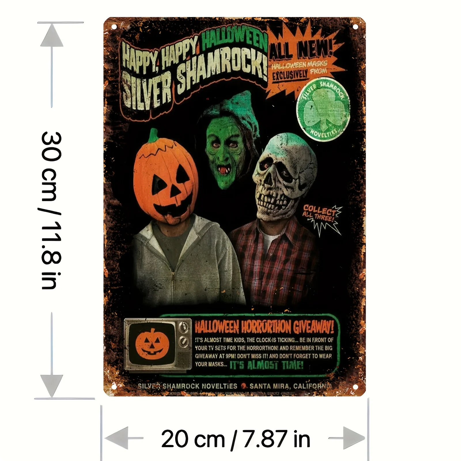 Máscara de trébol de Halloween, arte de pared de metal, decoración de pared de hierro rústico con diseño de calabaza, cráneo y esqueleto espeluznante, Fini desgastado