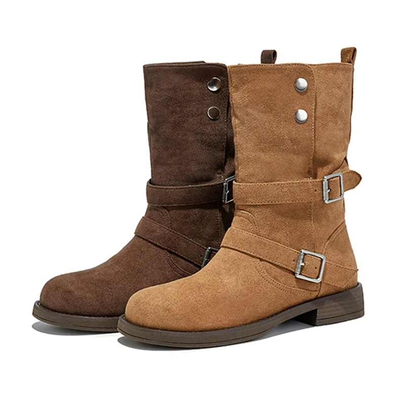 AIYUQI2025 Stivali da cowboy occidentali delle nuove donne Stivali da moto da donna con fibbia antiscivolo Stivali femminili di taglio medio autunno/inverno di grandi dimensioni