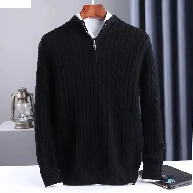 Sweter Rajutan Hangat Pria Atasan Hangat Ritsleting Leher Berdiri Musim Gugur Musim Dingin Pulover Rajutan Lengan Panjang Jacquard Solid Pria