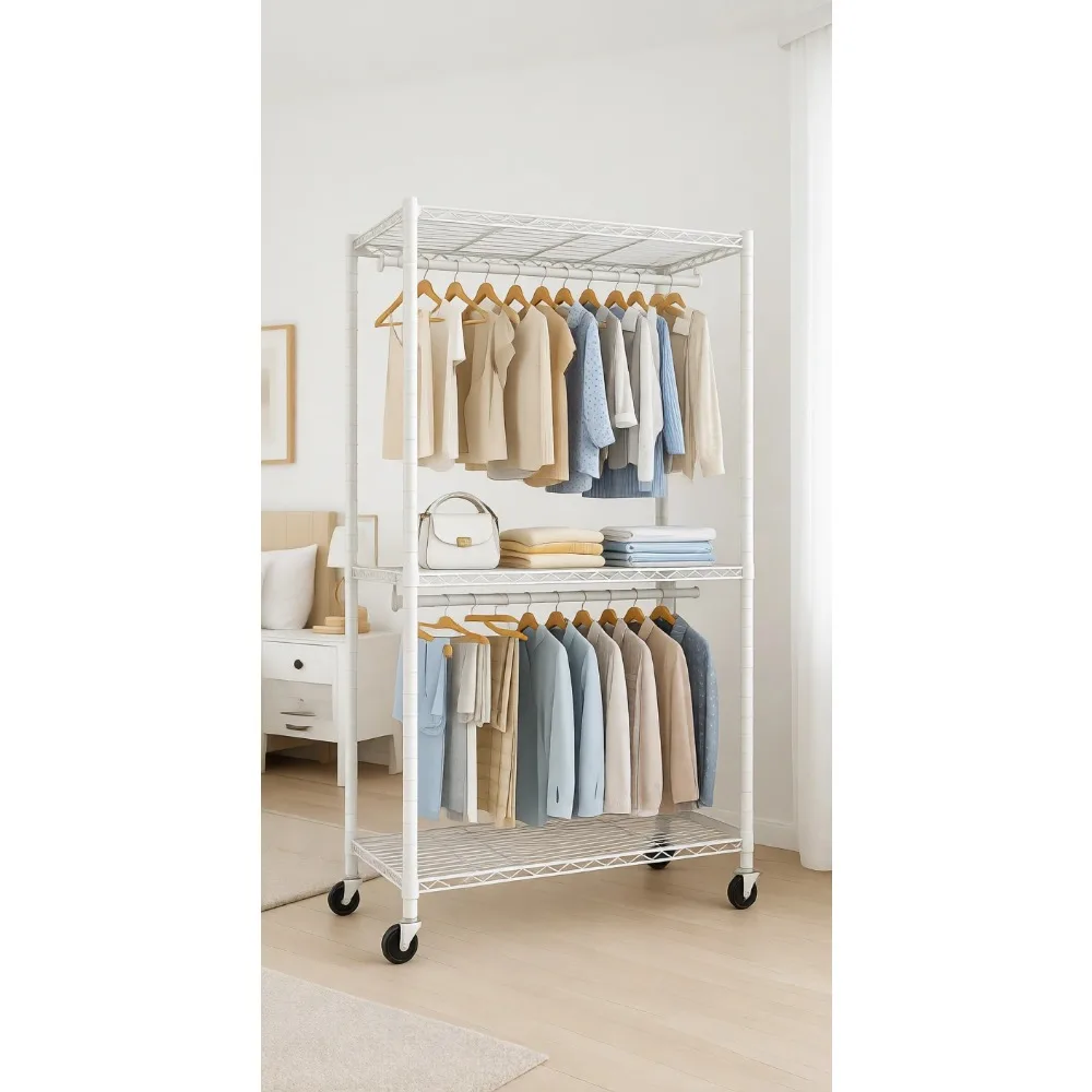 Medium Heavy Duty Portable Closet Metal Rolling Clothing Rack White