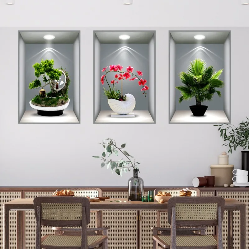 3D Simulation of Plant and Flower Effects Self-adhesive Potted Plant Stickers Corridor and Staircase Decoration Painting