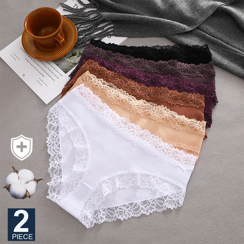 FINETOO 2 Teile/satz Sexy frauen Baumwolle Höschen Spitze Slip Mode Spitze Bequeme Slips Niedrige Taille Unterhose Stretch Unterwäsche