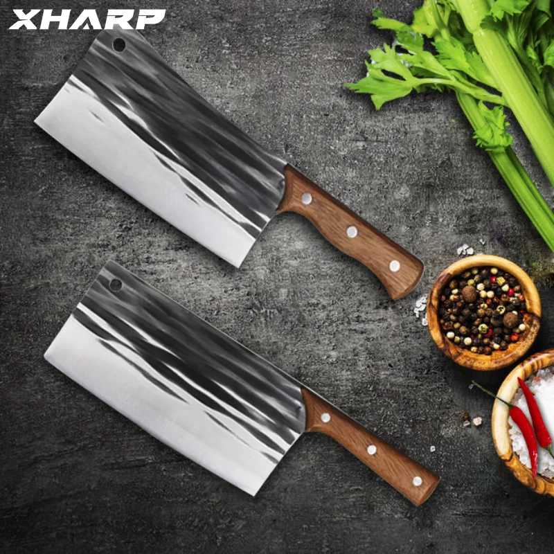 XHARP Chef Cleaver Knife Forged Slicing Boning Kinfe Sets 4cr13 Blade Sapele Wood Handle Chinese Kitchen Knife Durable Tools