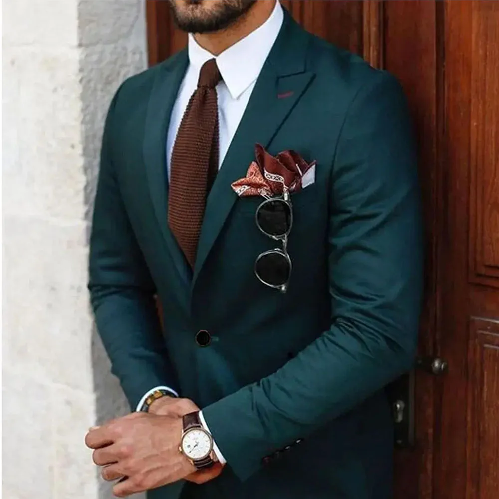 Elegant Green Suits for Men Single Breasted 2 Piece Jacket Pants Costume Homme Formal Business Gentleman Wedding Groom\'s Set