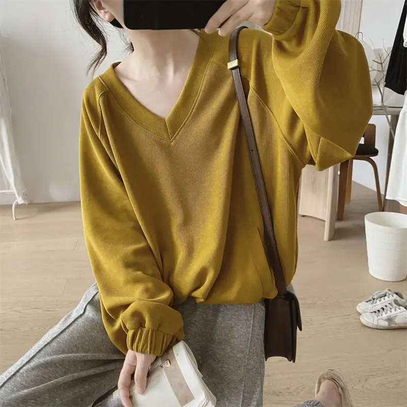 Korean Version New Temperament Commuting Women\'s Clothing Splice Pockets V-neck Long Sleeved Simplicity Solid Color Sweatshirts