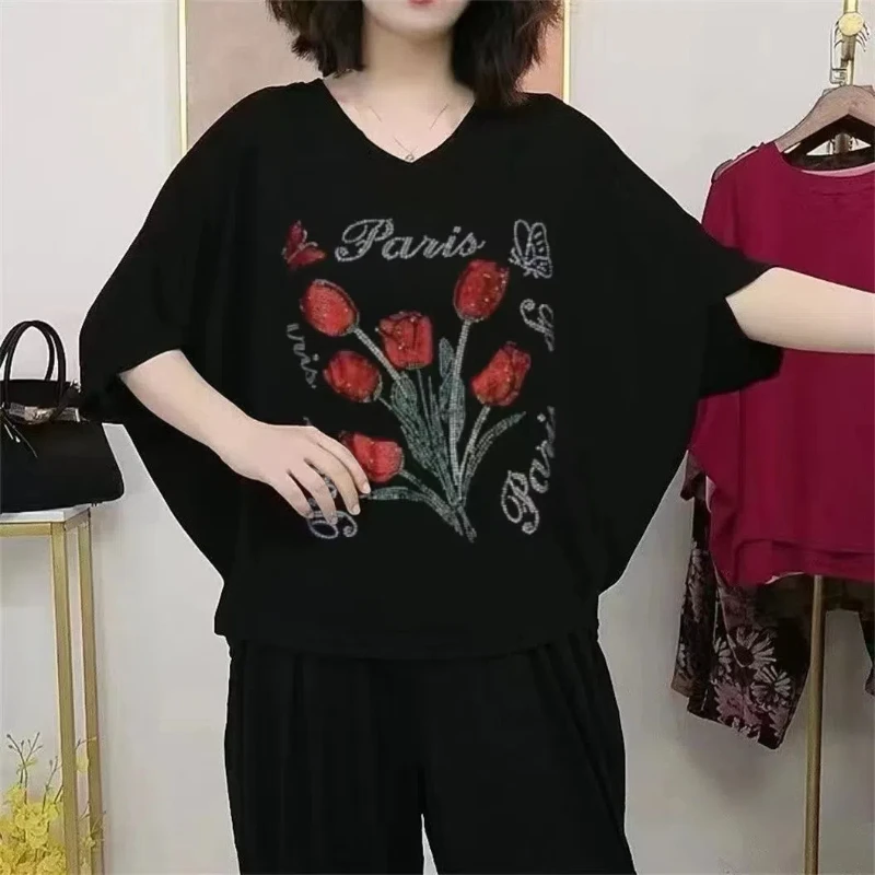 

Summer New Fashion Commute Printed Diamonds Women's Round Neck Batwing Sleeve Loose Comfortable Casual Pullover T-shirts Tops