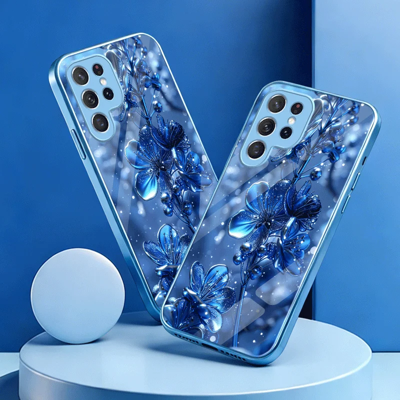 Blue flower spot pattern glass phone case suitable for Samsung Galaxy S26 S25 S24 S23 S22 S21 S20 FE/Ultra/Plus anti drop