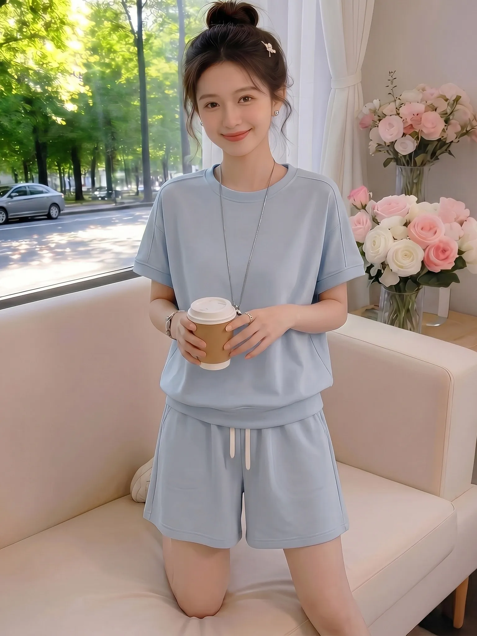 

Women's Summer Casual Short Sleeve T-Shirt Set Versatile High Waist Wide Leg Pants Breathable Lightweight round Neck Top