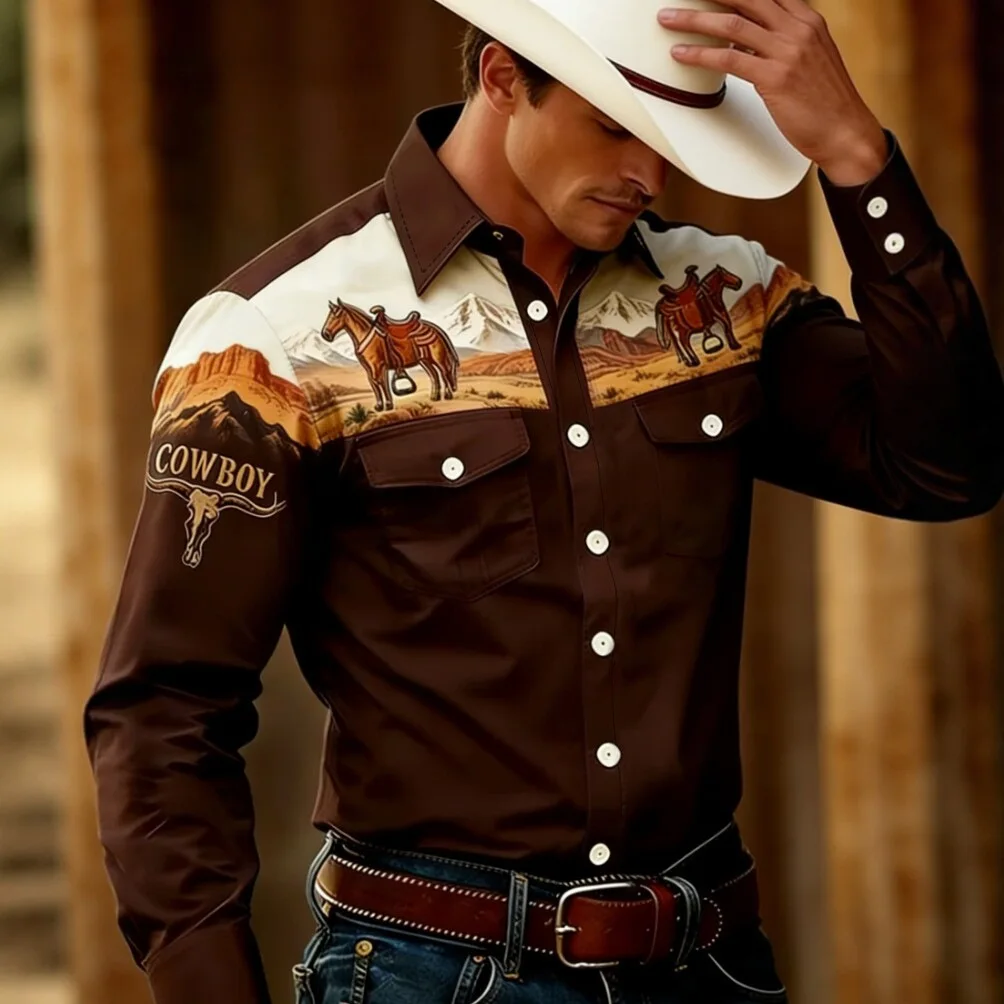 Casual Men's Long Sleeve Shirt Vintage Ethnic Style No Ironing Required Spring Autumn Seasonal Comfortable Fit Printed Pattern