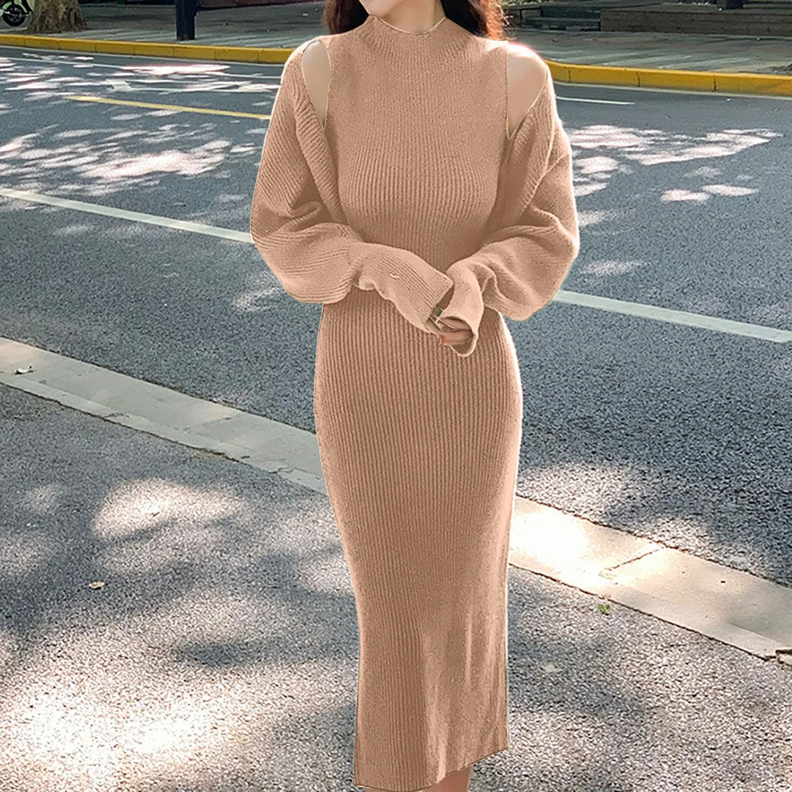 Elegant French Style Knit Dress 2-Piece Set For Women Autumn Solid Color Small Heart Machine Slimming You And Smoothing Sihouett