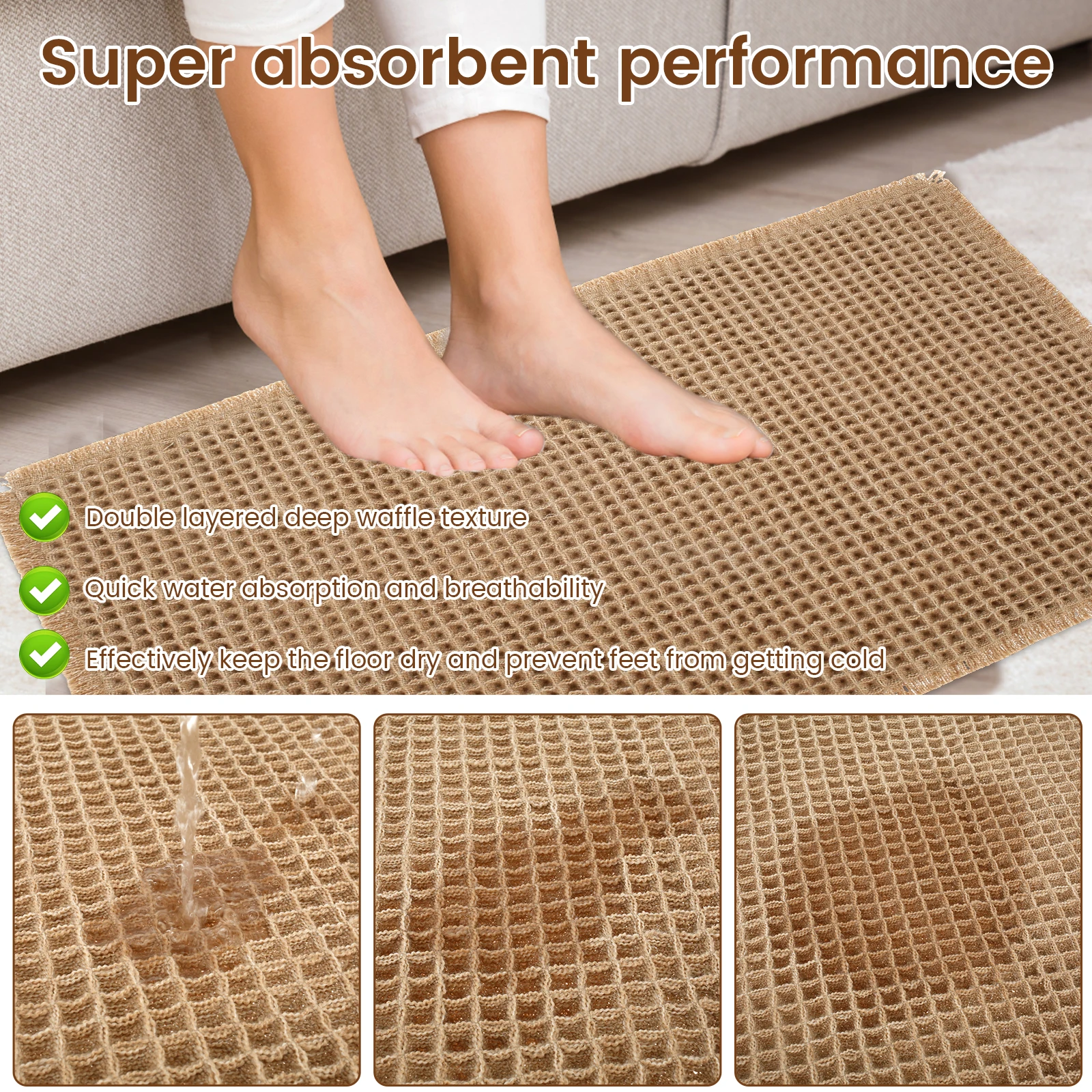 2Pcs Bathroom Mat Double Layer Bath Absorbent Waffle Shower Rugs Non-Slip Rubber Backed Floor Mats for Bedroom kitchen Carpet