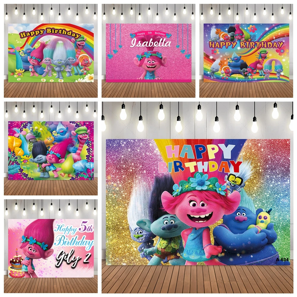 

Disney Trolls Party Backdrops Happy Birthday Party Christmas Decorations Children Kids Baby Shower Kids Girls Custom Decoration