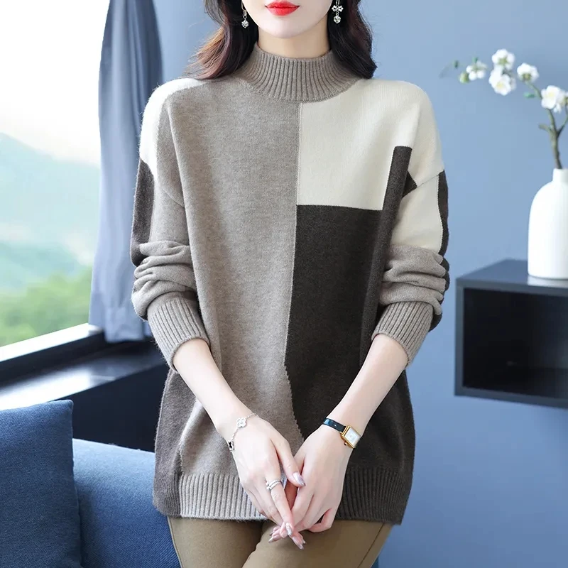 Half high necked Sweater Women\'s Patchwork Wool Pullover 2024 Autumn/Winter Loose Fashion Bottoming shirt Female Warm Sweaters