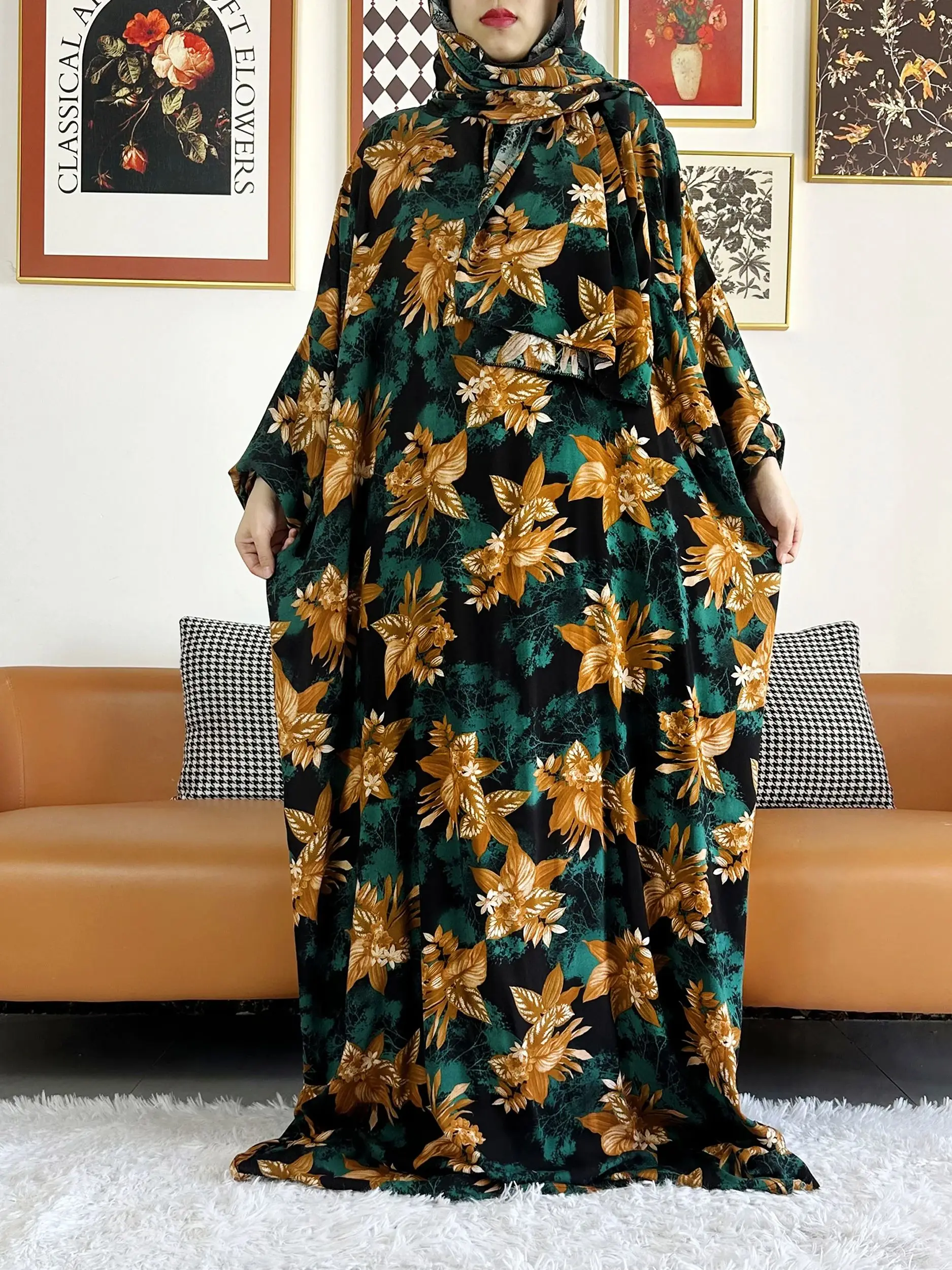 6xl muslimische Baumwolle Abaya für Frauen Ramadan Gebets kleidungs stück Dubai Truthahn Nahost Femme Robe lose afrikanische Kleid Turban Joint