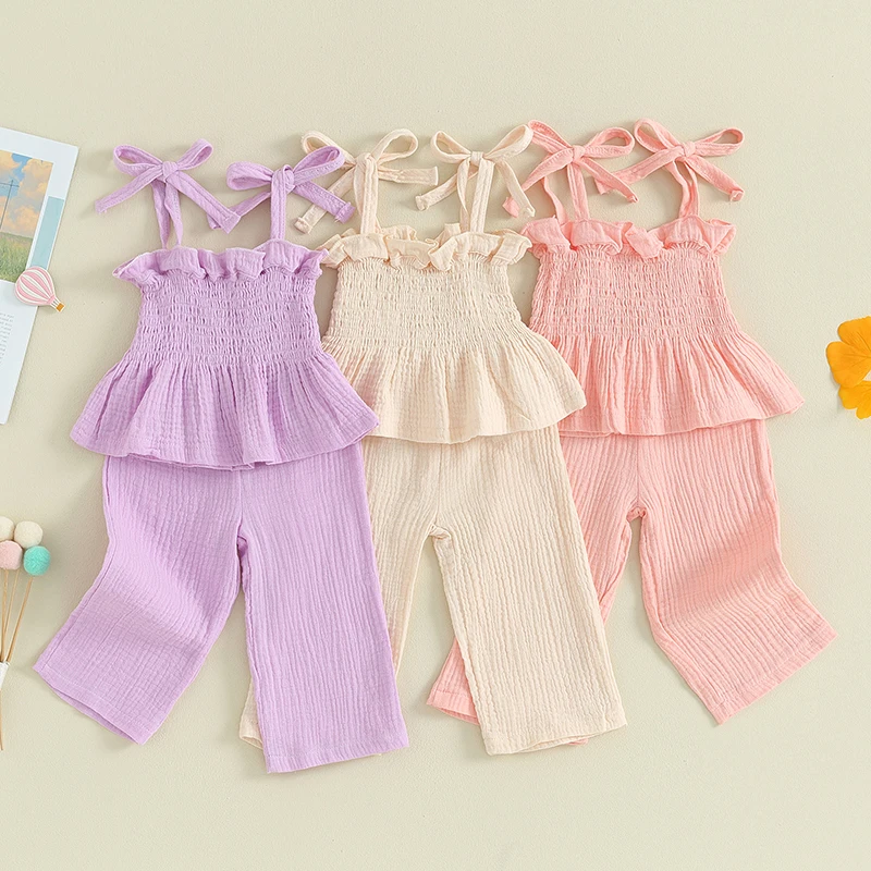 0-36months Baby Girls Summer Clothes Set Solid Beige Pink Purple Sleeveless Camisole Long Pants Set Baby Girls Summer Outfits