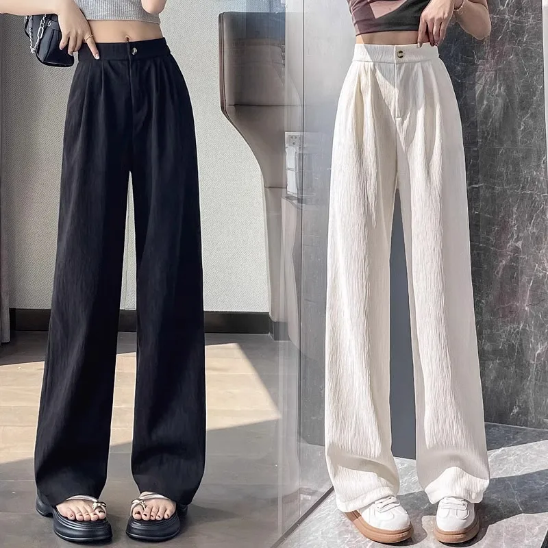 

2024 Women's Summer Fashion Thin High Waist Suit Pant Female Ice Silk Wide-leg Pants Ladies Leisure Loose Straight Trousers W144