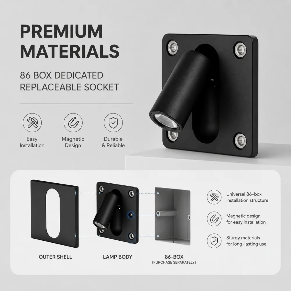 Low-Voltage 12V Bedside Wall Light Socket Switch Box Transformed into a Wall Spotlight for Hotel Bedroom Embedded Reading Light