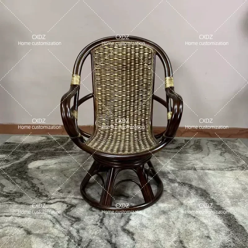 Retro Natural Rattan Chair Set 3 Piece Balcony Rotating Leisure Armchair Living Room Tea Table Furniture Combination