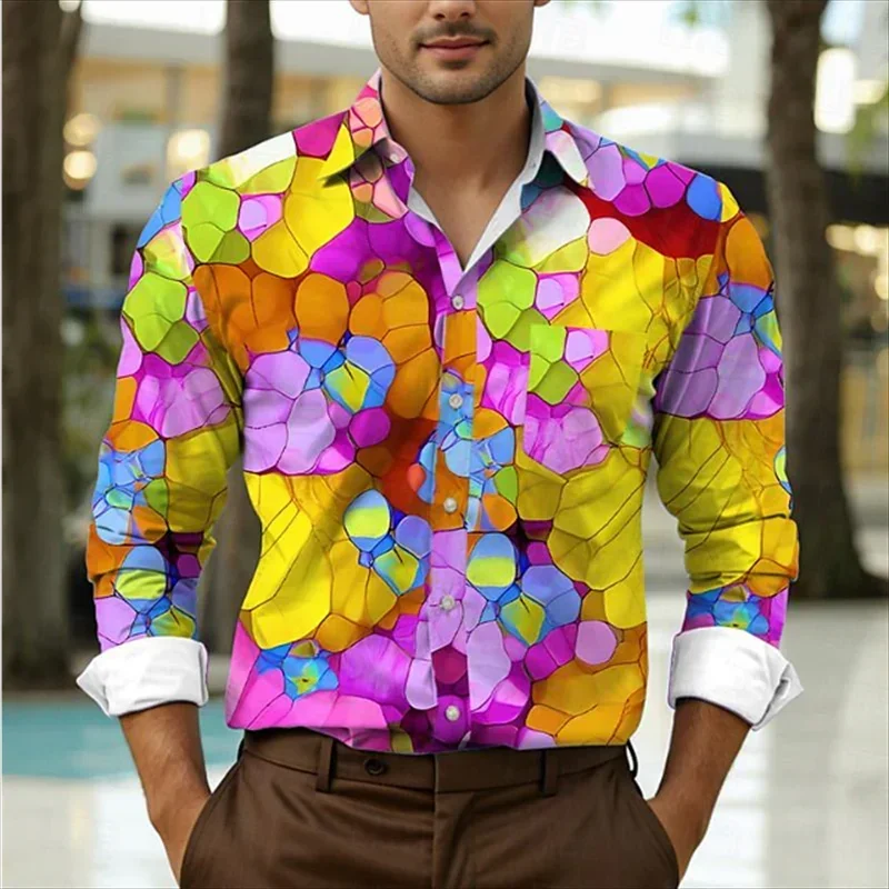 Men's Harajuku Casual Shirts Colorful Abstract 3d Pirnt Men Women T-shirt Ropa Hombre Outdoor Lapel Long Sleeve Tees Tops Homme