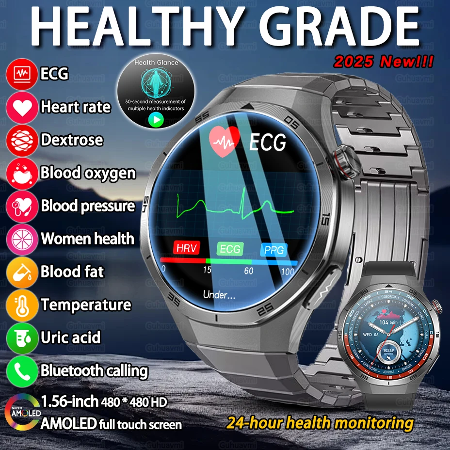 

2025 New Uric Acid Blood Fat Health Diagnosis Smart Watch ECG Blood Pressure Blood Oxygen Heart Rate Monitor BT Call Smartwatch
