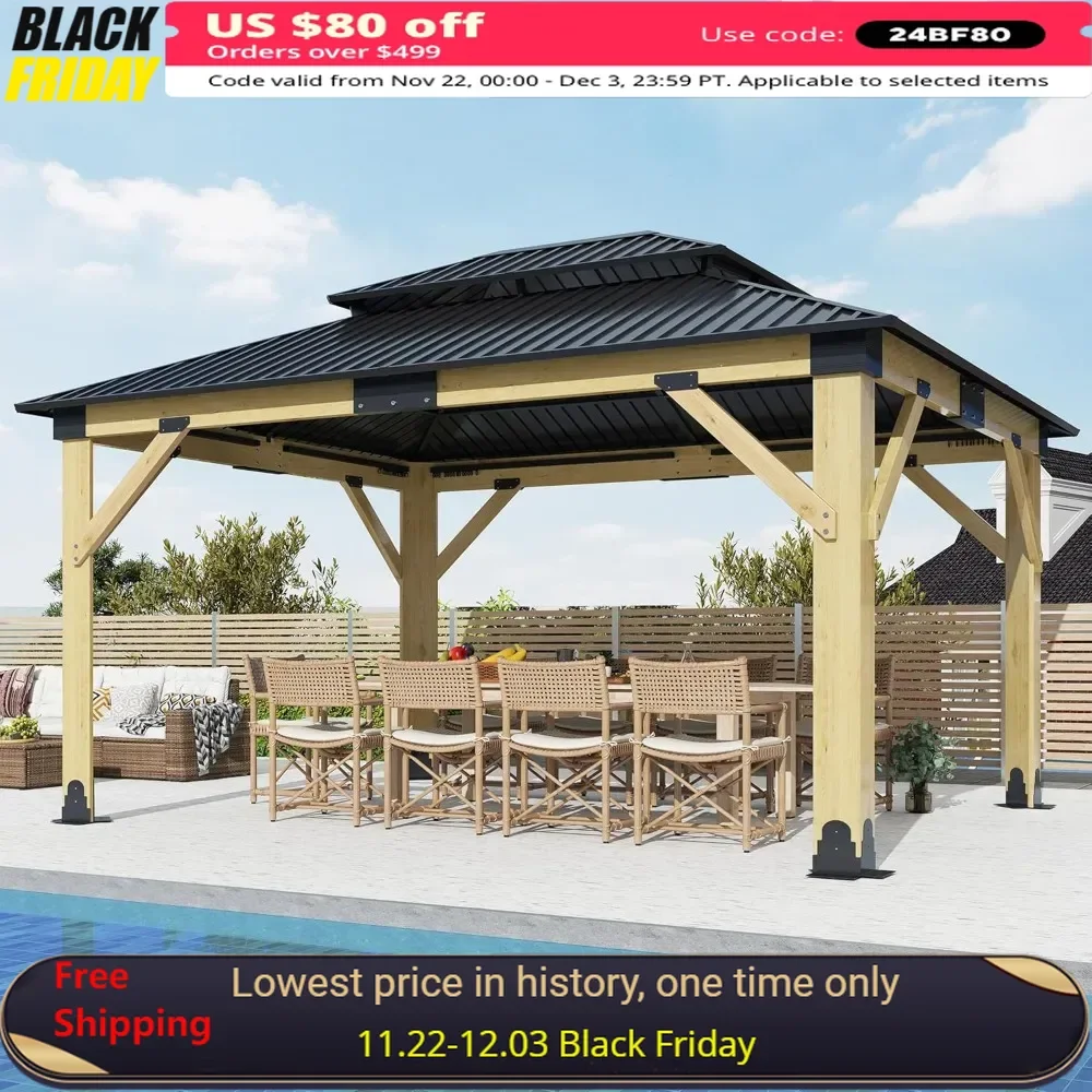 

13’x15’ Gazebo - Patio Galvanized Steel Gazebos with Double Vented Roof, Heavy-Duty Cedar Wood Gazebo for Garden