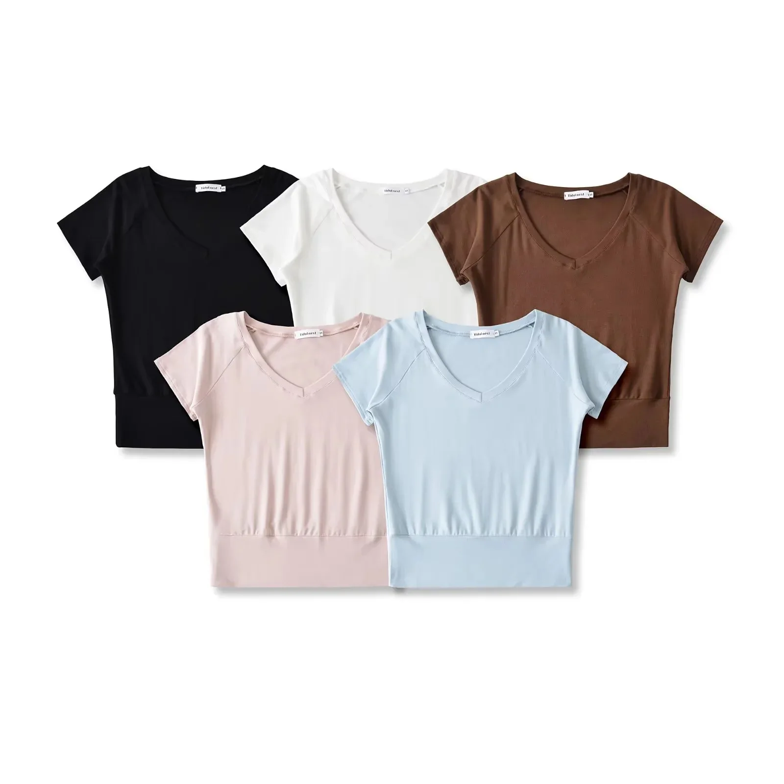 

American Style Short Sleeve Basic T-shirt Women Summer Slim Fit Short Length Base Shirt V-neck Casual Basic Top