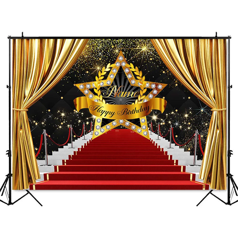 Фон с изображением красной ковровой дорожки, кинофестиваля, с именем на заказ, украшение для вечеринки в честь Дня Рождения, золотой Блестящий Фон