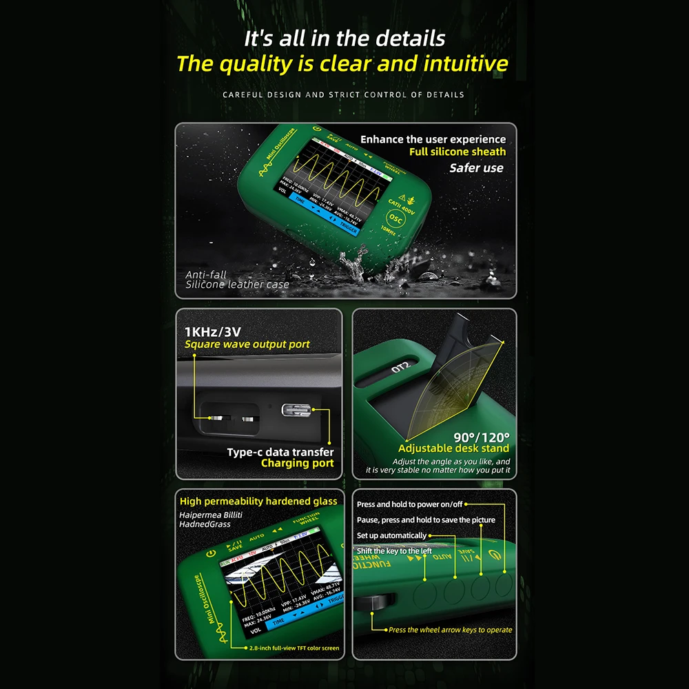 OT2 Oscilloscope Multimeter Signal Generator 10MHz 48MSa/s 2IN1 Waveform Output Handheld Battery LCD Multimeter Graphic Tester