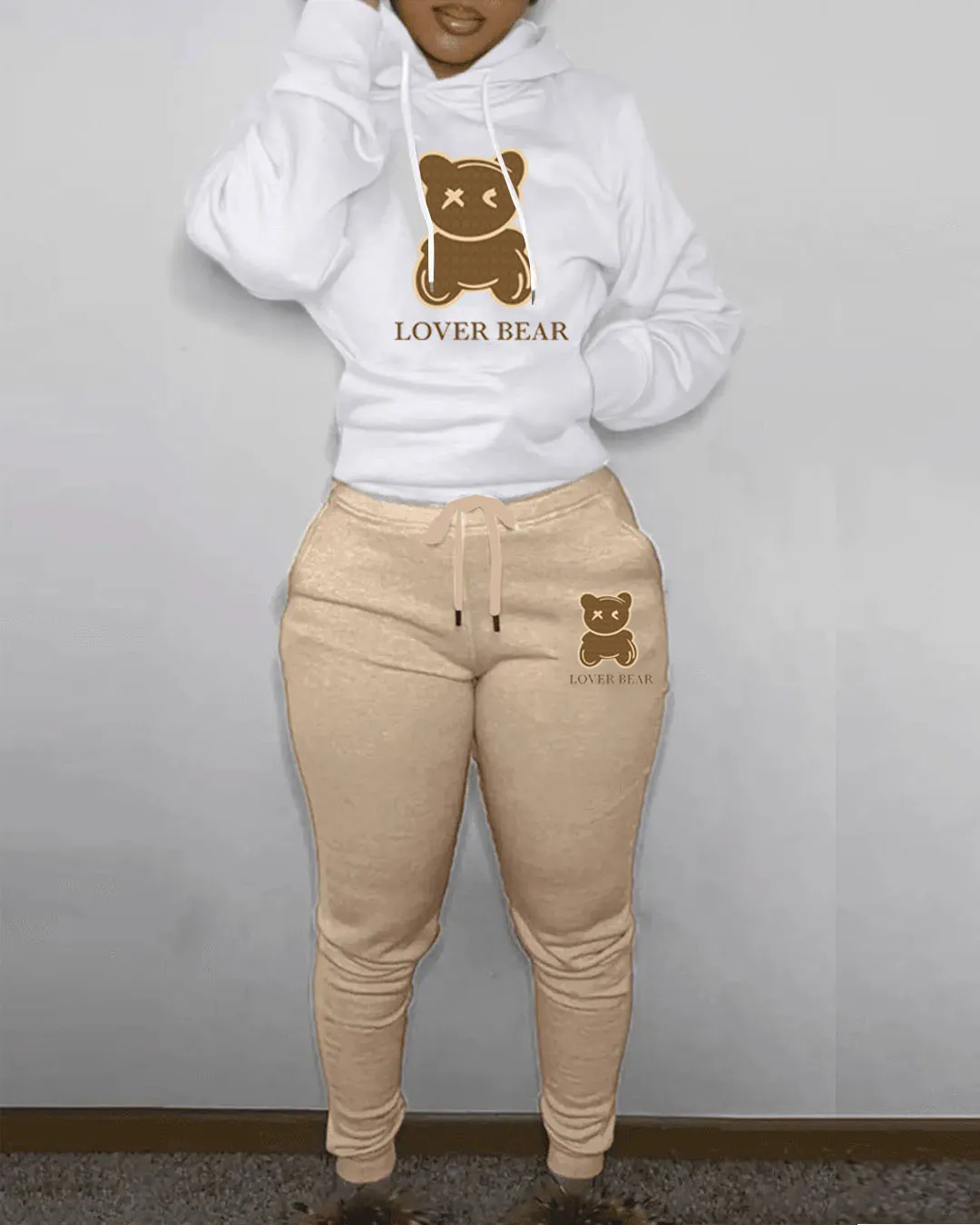 New Casual Women's sports suit Lovely Bear Letter Print Kangaroo Pocket Tracksuit Set Hoodie+Drawstring Trousers 2-piece set