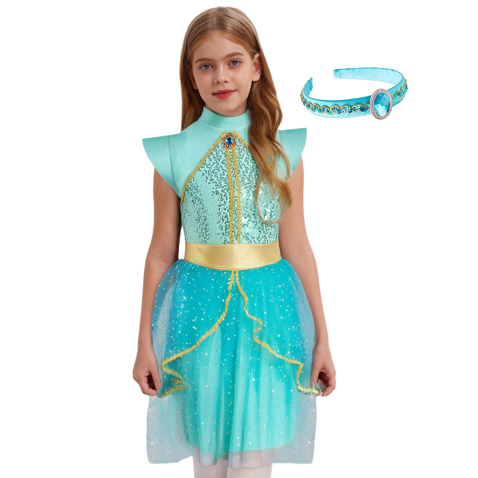 

Kids Girl Arabian Princess Costume Fancy Dress up 2Pcs Rhinestone Golden Woven Tape Sequins Tulle Tutu Dress Mesh Overlay Skirt