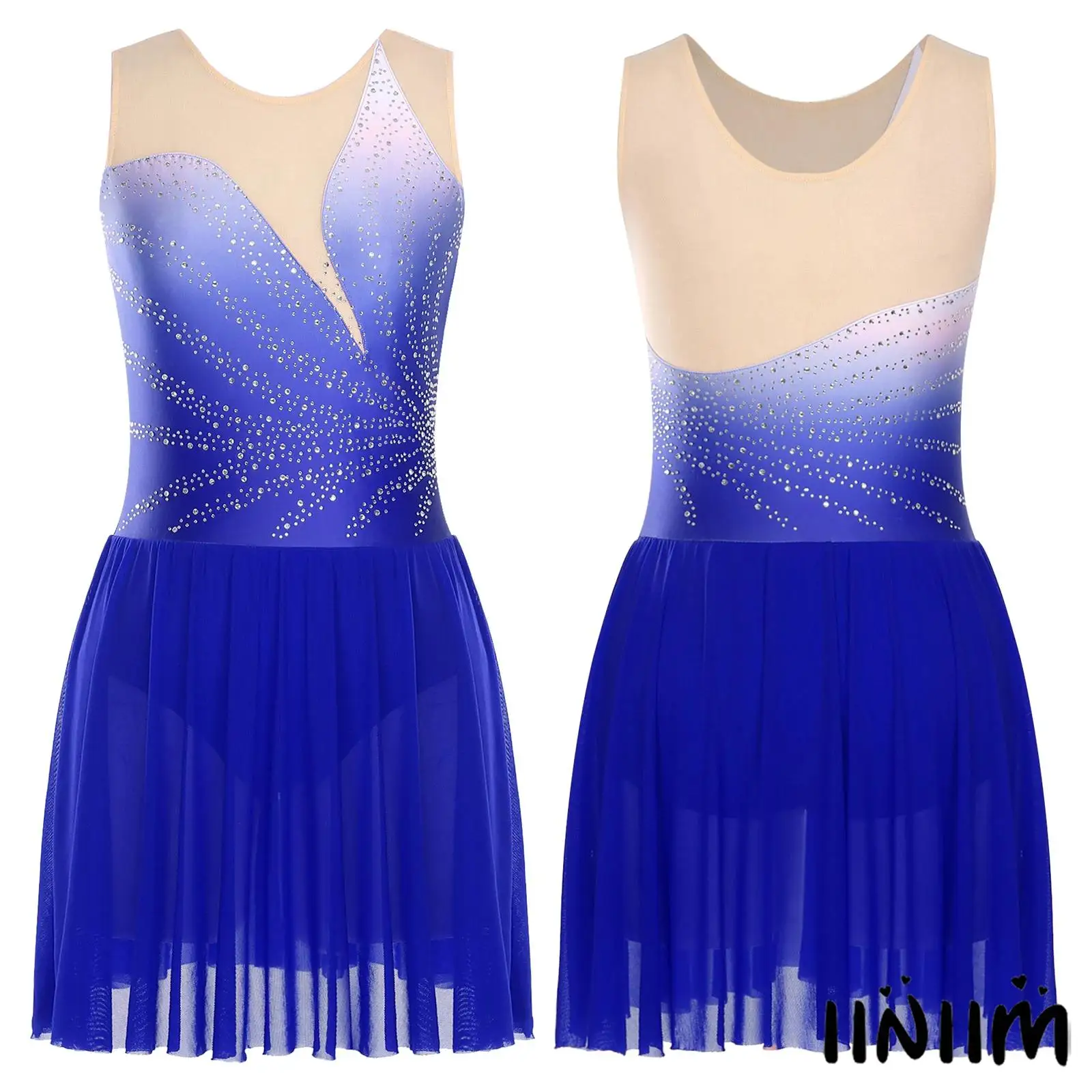 

Ice Skating Competition Costume for Women Sleeveless Rhinestone Mesh Leotard Lyrical Gymnastics Dance Outfit Ballet Dance Wear