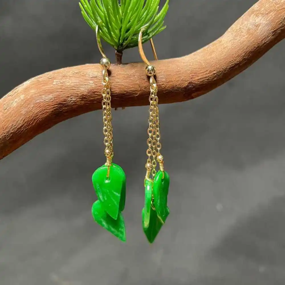 

Natural Jadeite jade Leaves Earrings 18k Hook Chain Eardrop Fashion Hook Freshwater Party Cultured Beautiful Lucky