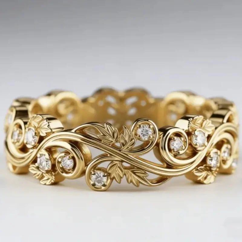 vintage bohemian vine design Synthetic Zirconia golden ring women's elegant luxury banquet festival charm handmade jewelry gifts