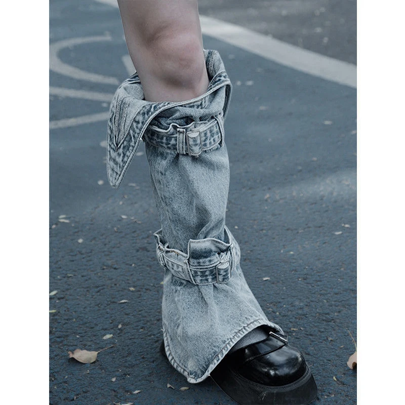 Women s Y2K Denim Leg Warmers 80s Knee High Harajuku Buckle Jean Socks Punk Gothic Leg Cover Stockings Streetwear