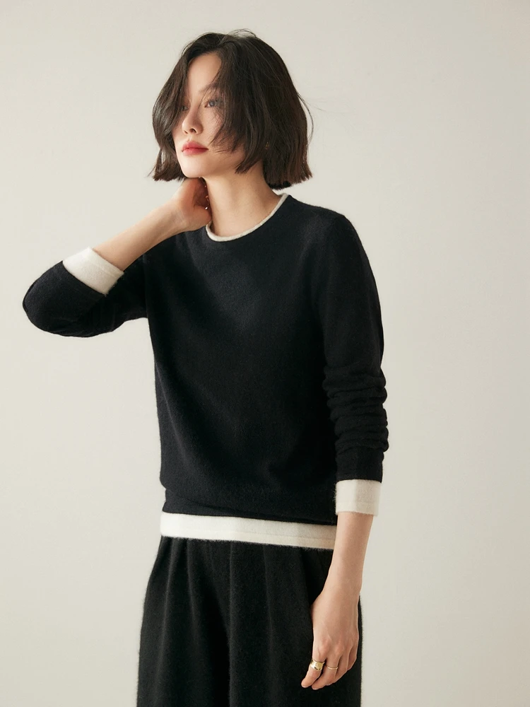 新しいファッション女性 100% カシミヤコントラストカラーセーター O ネックプルオーバー秋冬服ソフトカジュアルベーシックニットウェア
